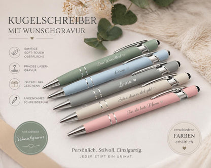 Kugelschreiber personalisiert mit Touchpen pastellfarbe aus Aluminium mit Gravur Kuli Stift Holz Gastgeschenk Geschenk