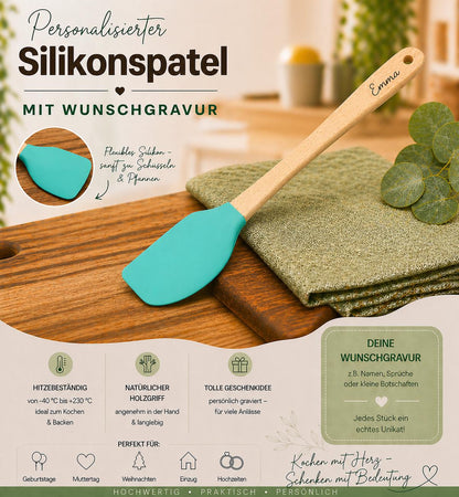 Teigschaber Silikonschaber Silikonspatel  Bambus türkis für Marmelade, backen, kochen uvm. ca. 21 cm lang mit Wunschgravur personalisiert