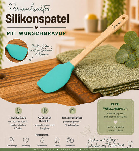 Teigschaber Silikonschaber Silikonspatel  Bambus türkis für Marmelade, backen, kochen uvm. ca. 21 cm lang mit Wunschgravur personalisiert
