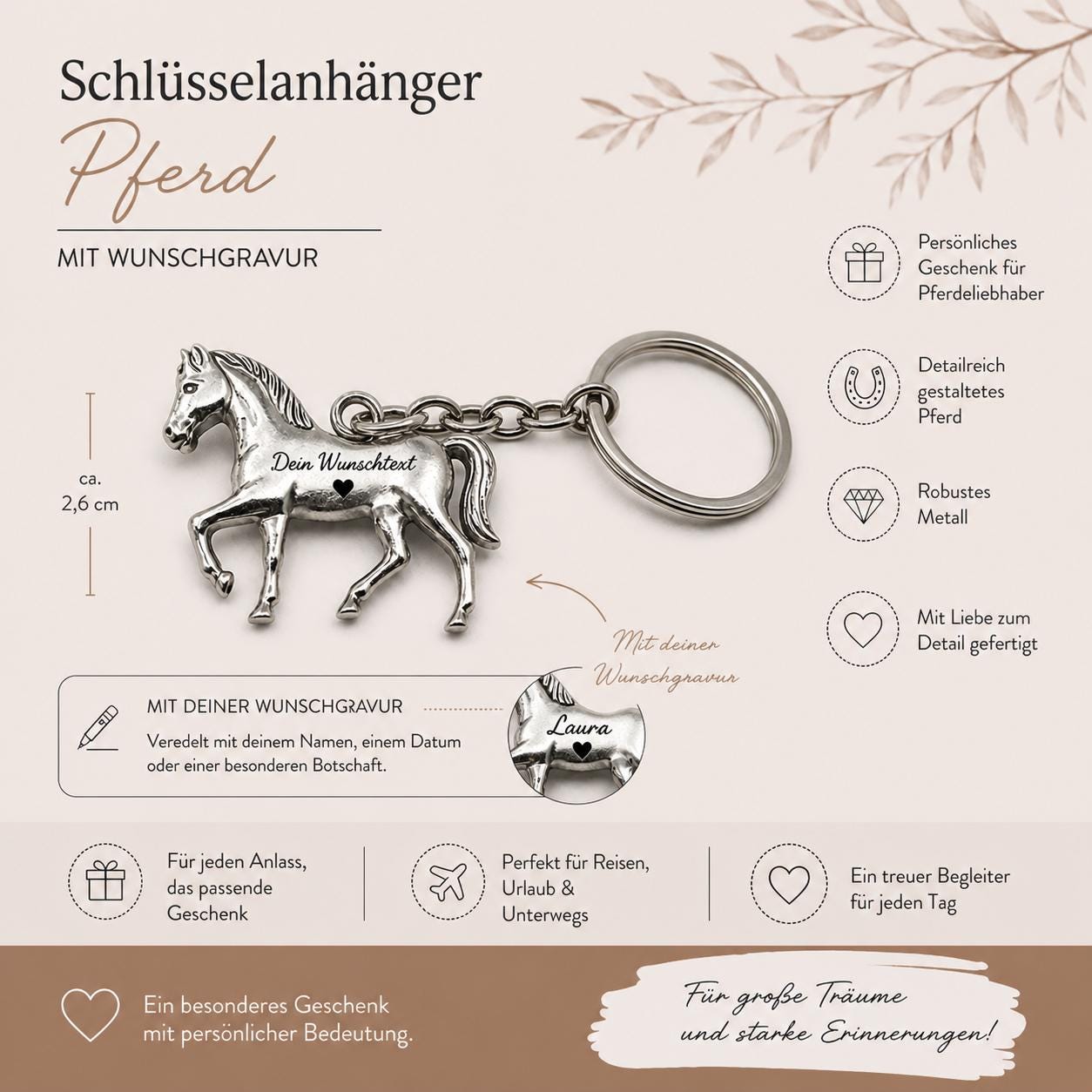 Schlüsselanhänger personalisiert Pferd Pony Metall mit individueller Gravur Geschenk