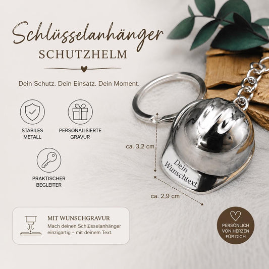 Personalisierter Schlüsselanhänger Helm mit Gravur | Metallanhänger mit Name | Geschenk für Feuerwehr, Handwerker & Bauarbeiter | Schutzhelm