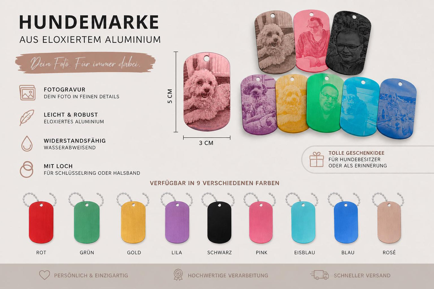 Dog Tag Hundemarke mit Fotogravur aus Aluminium eloxiert | Personalisierte Erkennungsmarke mit Foto | Individueller Anhänger inkl. Kette