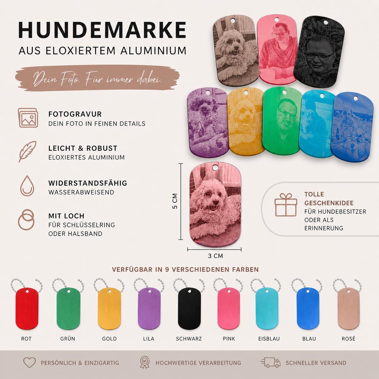Dog Tag Hundemarke mit Fotogravur aus Aluminium eloxiert | Personalisierte Erkennungsmarke mit Foto | Individueller Anhänger inkl. Kette