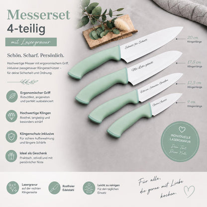 Personalisiertes Messerset 4-teilig Mintgrün mit Gravur | Kochmesser Santoku Küchenmesser Gemüsemesser | Edelstahl | Einzug & Hochzeit