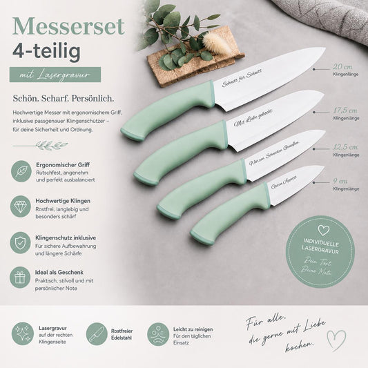 Personalisiertes Messerset 4-teilig Mintgrün mit Gravur | Kochmesser Santoku Küchenmesser Gemüsemesser | Edelstahl | Einzug & Hochzeit