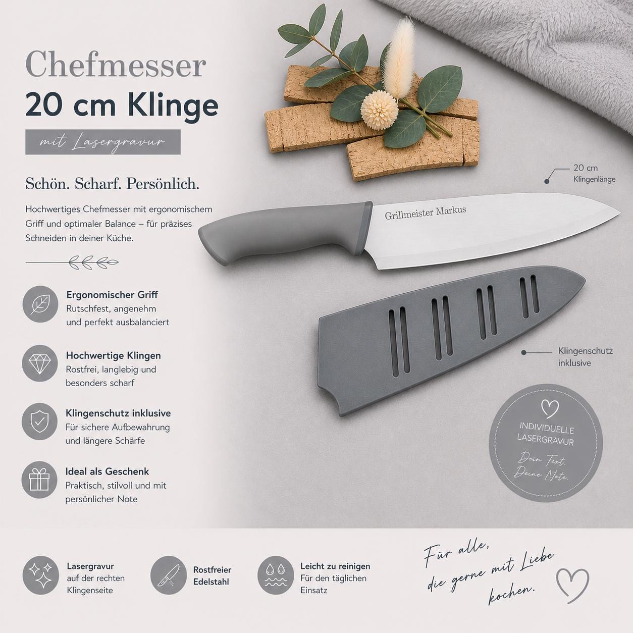 Personalisiertes Kochmesser Chefmesser mit Gravur | Scharfes Küchenmesser Edelstahl 20 cm | mit Name & Schutzhülle | Antihaft-Beschichtung
