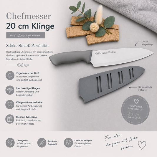 Personalisiertes Kochmesser Chefmesser mit Gravur | Scharfes Küchenmesser Edelstahl 20 cm | mit Name & Schutzhülle | Antihaft-Beschichtung