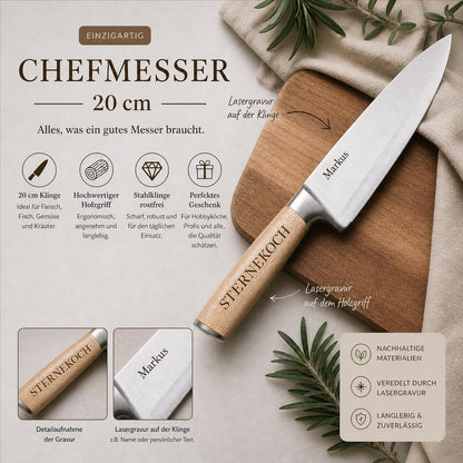 Massives Kochmesser mit Holzgriff & Gravur | Personalisiertes Chefmesser Edelstahl 20 cm | Geschenk für Grillmeister, Köche