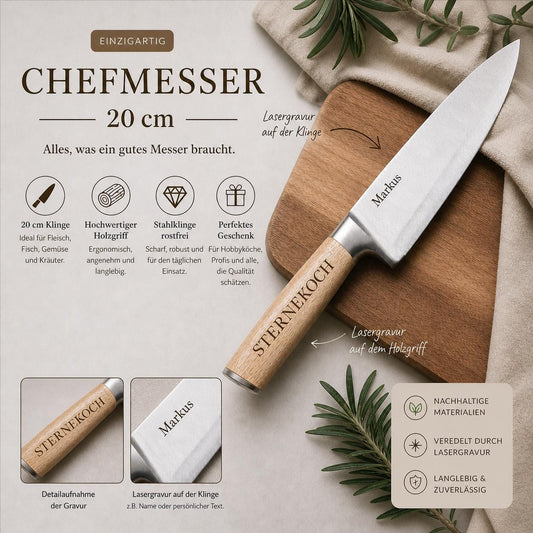 Massives Kochmesser mit Holzgriff & Gravur | Personalisiertes Chefmesser Edelstahl 20 cm | Geschenk für Grillmeister, Köche