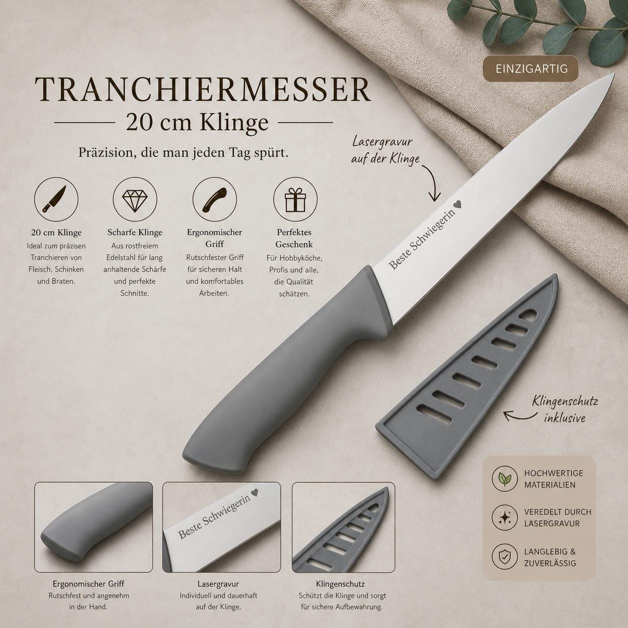 Personalisiertes Tranchiermesser mit Gravur | Scharfes Fleischmesser Edelstahl 20 cm | Bratenmesser mit Name & Klingenschutz