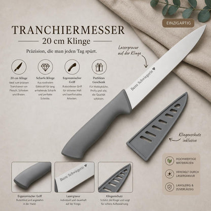 Personalisiertes Tranchiermesser mit Gravur | Scharfes Fleischmesser Edelstahl 20 cm | Bratenmesser mit Name & Klingenschutz