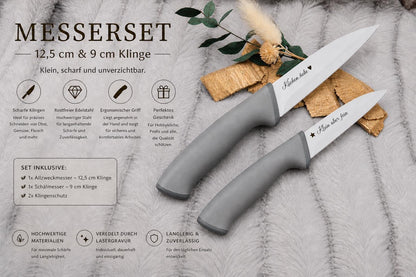 Personalisiertes Messerset 2-teilig mit Gravur | Obstmesser, Gemüsemesser Edelstahl | Individuelle Küchenhelfer mit Name & Klingenschutz