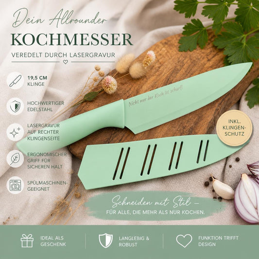 Personalisiertes Kochmesser mit Gravur | Scharfes Küchenmesser Edelstahl 19,5 cm | Chefmesser mit Name & Klingenschutz | Ergonomischer Griff