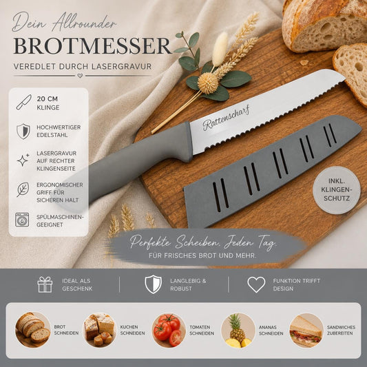 Personalisiertes Brotmesser Grau mit Gravur | Scharfes Wellenschliffmesser Edelstahl 20 cm | Individuelles Messer mit Name & Klingenschutz