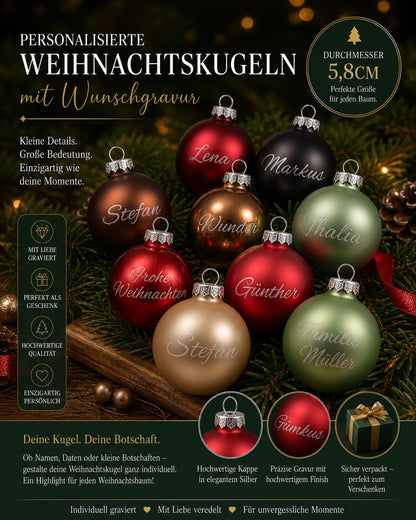 Personalisierte Christbaumkugel Glas | 58mm Weihnachtskugel mit Name graviert | Echtglas Baumschmuck Matt & Glänzend | Geschenk Dekoration