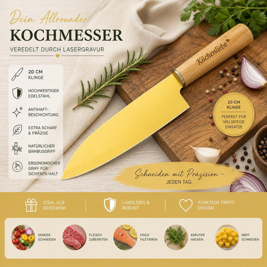 Personalisiertes Kochmesser mit Bambusgriff & Gravur | Scharfes Chefmesser gelb 20 cm | Küchenmesser | Antihaft-Beschichtung, Leichtgewicht