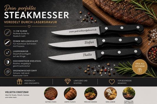 Personalisiertes Steakmesser mit Gravur | Scharfes Fleischmesser Edelstahl | Grillmesser mit Name auf der Klinge | Geschenk für BBQ-Fans