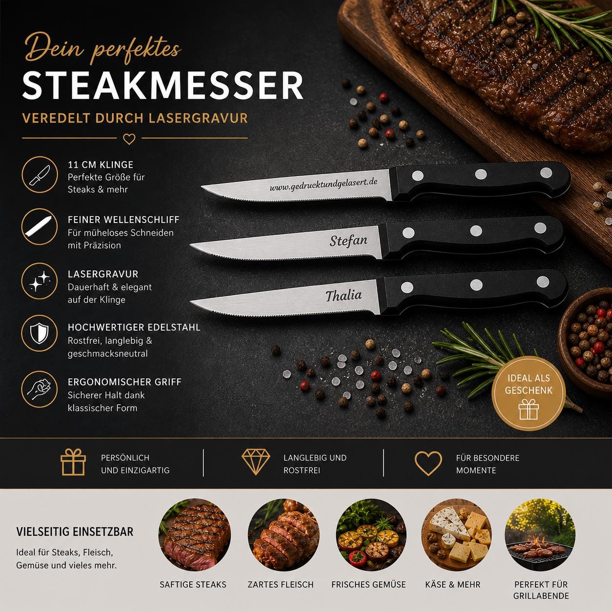 Personalisiertes Steakmesser mit Gravur | Scharfes Fleischmesser Edelstahl | Grillmesser mit Name auf der Klinge | Geschenk für BBQ-Fans