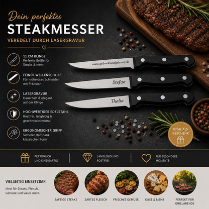 Personalisiertes Steakmesser mit Gravur | Scharfes Fleischmesser Edelstahl | Grillmesser mit Name auf der Klinge | Geschenk für BBQ-Fans