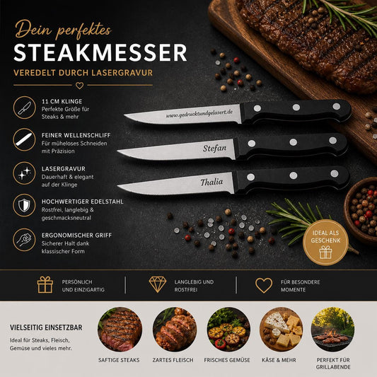 Personalisiertes Steakmesser mit Gravur | Scharfes Fleischmesser Edelstahl | Grillmesser mit Name auf der Klinge | Geschenk für BBQ-Fans