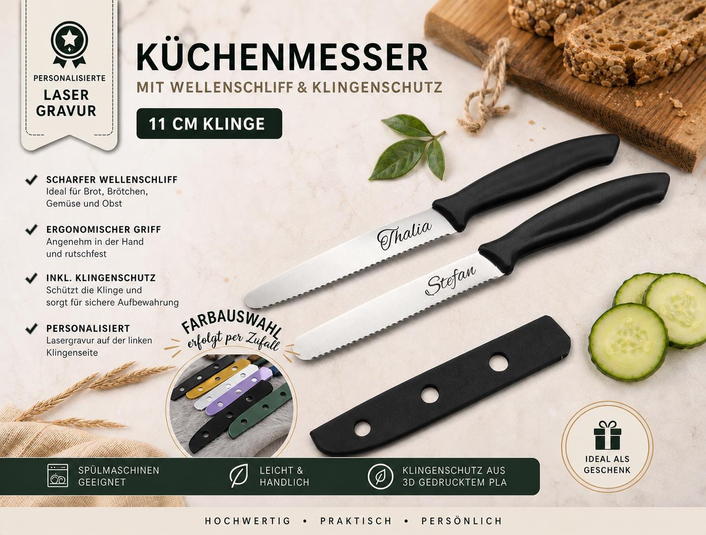 Personalisiertes Küchenmesser mit Gravur | Tomatenmesser Edelstahl 11 cm | Frühstücksmesser mit Name & 3D-gedruckten Klingenschutz