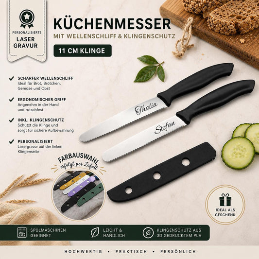 Personalisiertes Küchenmesser mit Gravur | Tomatenmesser Edelstahl 11 cm | Frühstücksmesser mit Name & 3D-gedruckten Klingenschutz