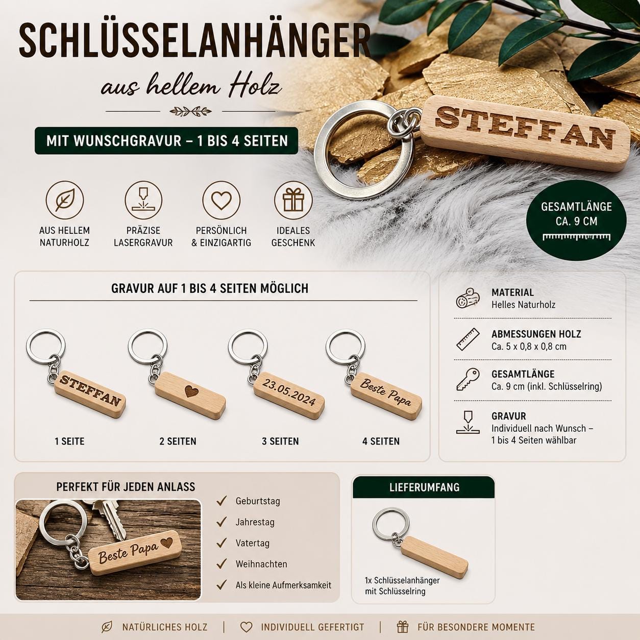 Personalisierter Schlüsselanhänger Holz mit Gravur | 4-seitig gestaltbar | Individueller Name & Datum | Holzanhänger Natur | Geschenkidee