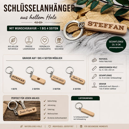 Personalisierter Schlüsselanhänger Holz mit Gravur | 4-seitig gestaltbar | Individueller Name & Datum | Holzanhänger Natur | Geschenkidee