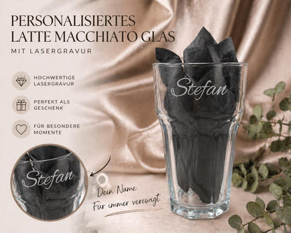 Latte Macchiato Glas mit Gravur personalisiert | Kaffeeglas mit Name oder Spruch | Geschenkidee Geburtstag & Einzug | Trinkglas individuell