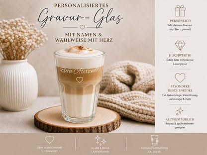 Latte Macchiato Glas mit Gravur personalisiert | Kaffeeglas mit Name oder Spruch | Geschenkidee Geburtstag & Einzug | Trinkglas individuell