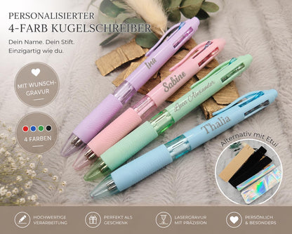 Personalisierter Kugelschreiber 4 Farben mit Name Gravur  4-in-1 Stift mit Wunschtext  Geschenkidee Büro & Lehrer  Farbstift Gelstift