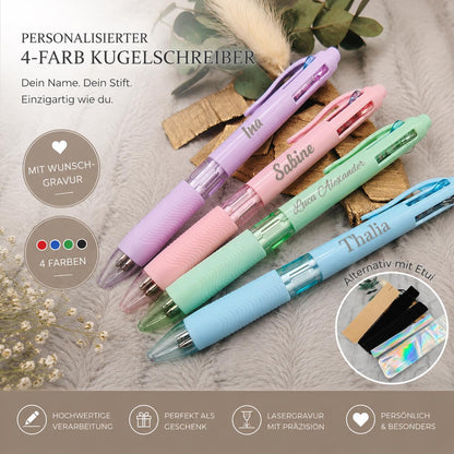 Personalisierter Kugelschreiber 4 Farben mit Name Gravur  4-in-1 Stift mit Wunschtext  Geschenkidee Büro & Lehrer  Farbstift Gelstift