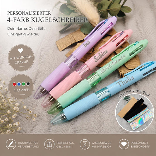 Personalisierter Kugelschreiber 4 Farben mit Name Gravur  4-in-1 Stift mit Wunschtext  Geschenkidee Büro & Lehrer  Farbstift Gelstift
