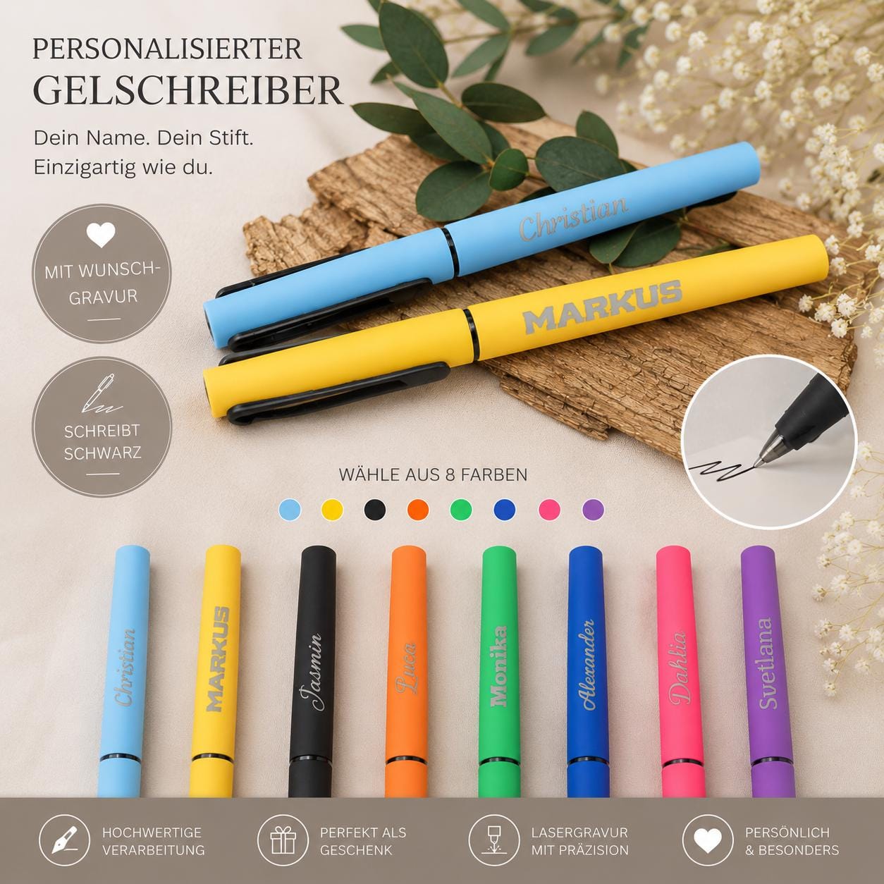 Gelschreiber personalisiert 8 verschiedene Farben gummierter Griff mit Gravur Kuli Stift Gastgeschenk Geschenk Kugelschreiber