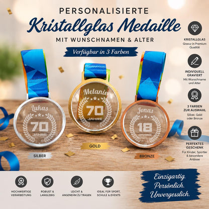 Personalisierte Medaille mit Name & Alter | Gold Silber Bronze mit Kristallglas | Individuelle Auszeichnung | Medaille mit Band graviert