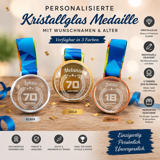 Personalisierte Medaille mit Name & Alter | Gold Silber Bronze mit Kristallglas | Individuelle Auszeichnung | Medaille mit Band graviert