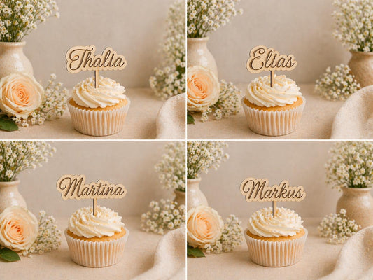 Caketopper personalisiert mit Namen für Cupcakes Muffins Minitörtchen Cake Topper Holz