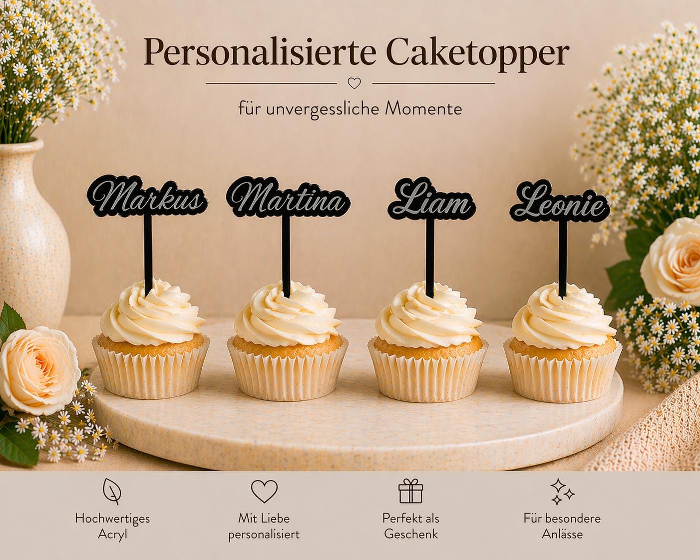 Caketopper Acryl personalisiert mit Namen für Cupcakes Muffins Minitörtchen Cake Topper