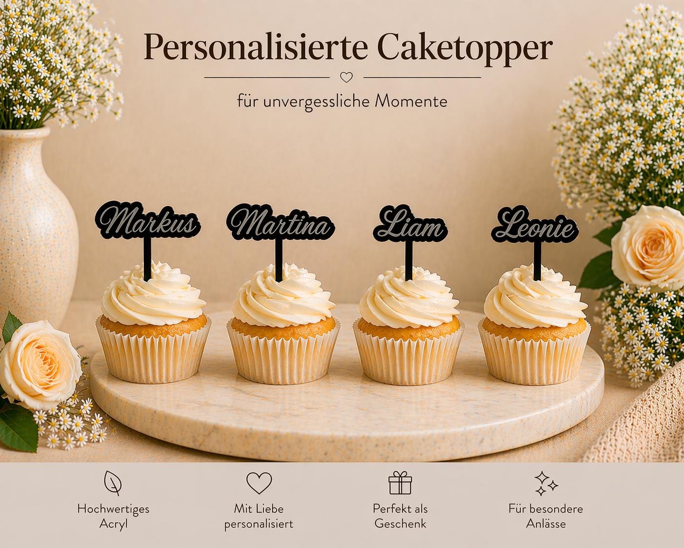 Caketopper Acryl personalisiert mit Namen für Cupcakes Muffins Minitörtchen Cake Topper