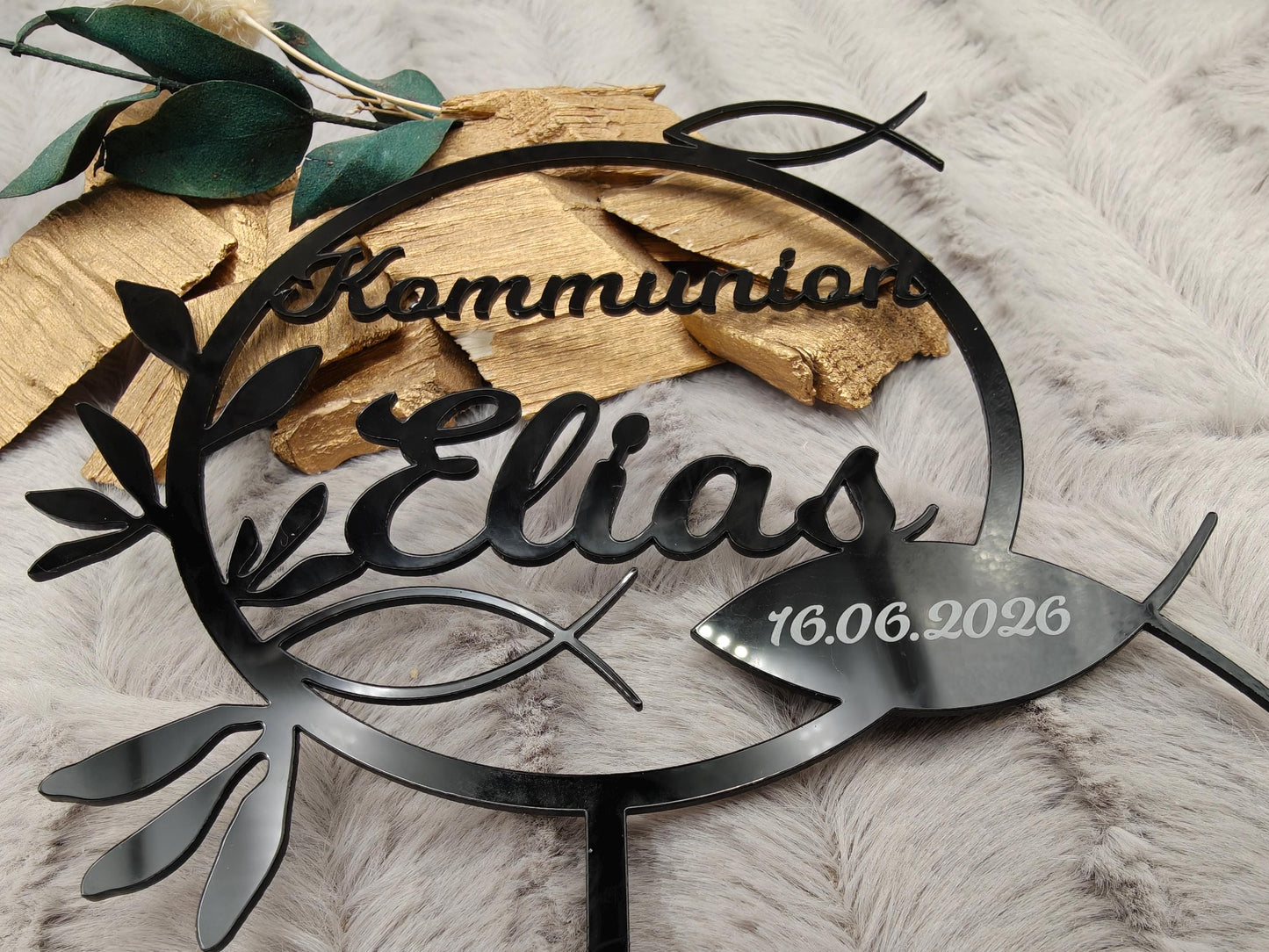 Cake Topper Kommunion Konfirmation Firmung personalisiert mit Name | Tortendeko | Acryl | Fisch |  Geschenk | Tortenstecker