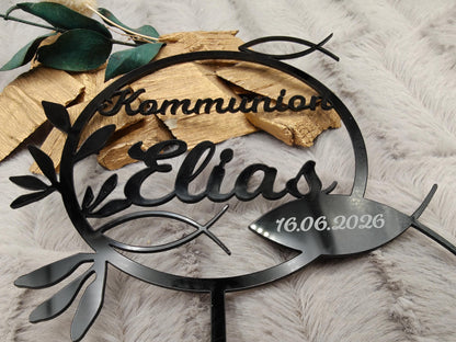 Cake Topper Kommunion Konfirmation Firmung personalisiert mit Name | Tortendeko | Acryl | Fisch |  Geschenk | Tortenstecker