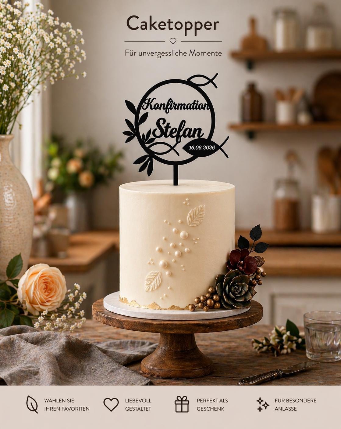 Cake Topper Kommunion Konfirmation Firmung personalisiert mit Name | Tortendeko | Acryl | Fisch |  Geschenk | Tortenstecker
