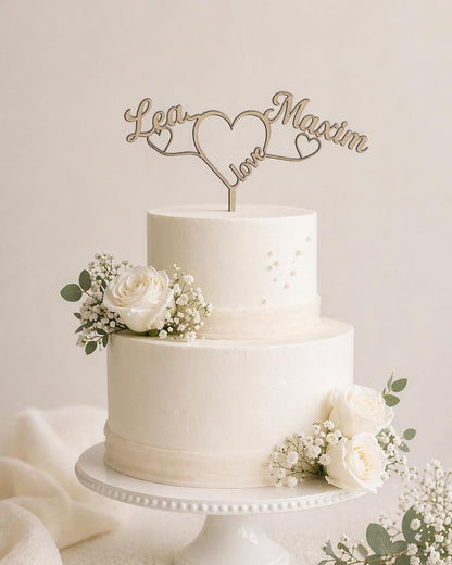 Cake Topper personalisiert Hochzeit aus Holz | Tortenstecker mit 2 Namen & Herzen | Wedding Cake Topper Birkensperrholz | Boho Tortendeko