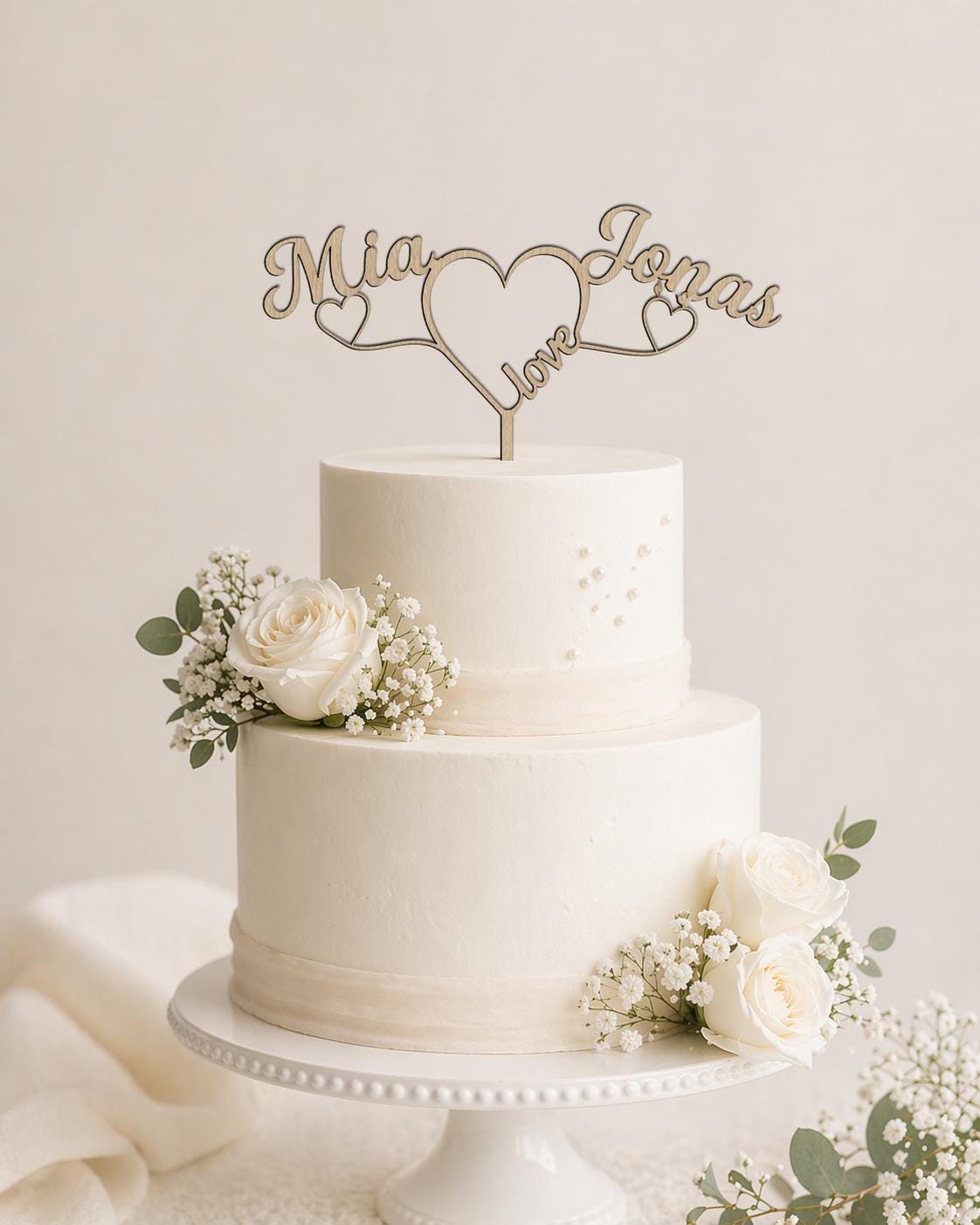 Cake Topper personalisiert Hochzeit aus Holz | Tortenstecker mit 2 Namen & Herzen | Wedding Cake Topper Birkensperrholz | Boho Tortendeko