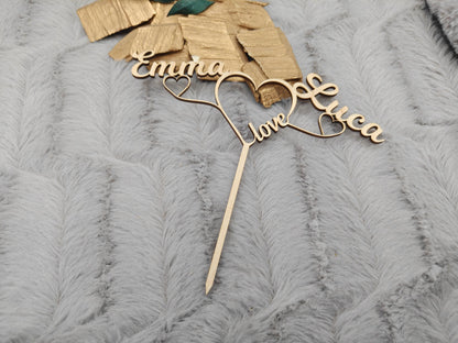 Cake Topper personalisiert Hochzeit aus Holz | Tortenstecker mit 2 Namen & Herzen | Wedding Cake Topper Birkensperrholz | Boho Tortendeko