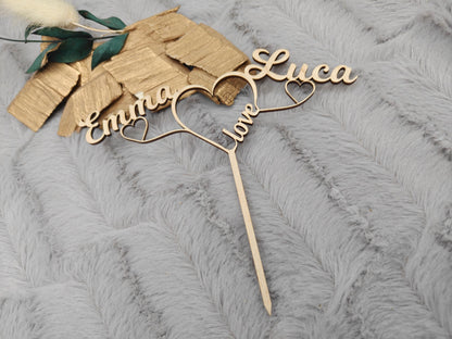 Cake Topper personalisiert Hochzeit aus Holz | Tortenstecker mit 2 Namen & Herzen | Wedding Cake Topper Birkensperrholz | Boho Tortendeko