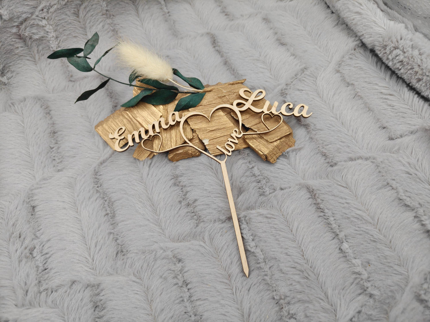 Cake Topper personalisiert Hochzeit aus Holz | Tortenstecker mit 2 Namen & Herzen | Wedding Cake Topper Birkensperrholz | Boho Tortendeko