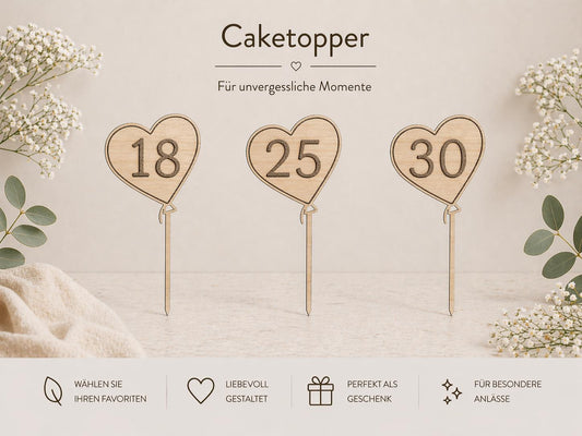 Personalisierter Cake Topper Geburtstag Ballon aus Holz | Tortenstecker mit Alter graviert | Geburtstagsdeko Holz | Jubiläum Tortenfigur