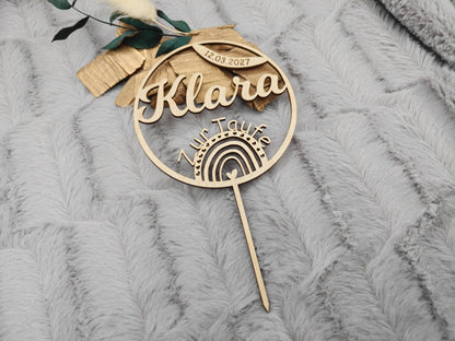 Personalisierter Cake Topper Taufe aus Holz | Tortenstecker Name im Kreis mit Datum | Taufdeko Junge Mädchen | Erinnerung Taufgeschenk