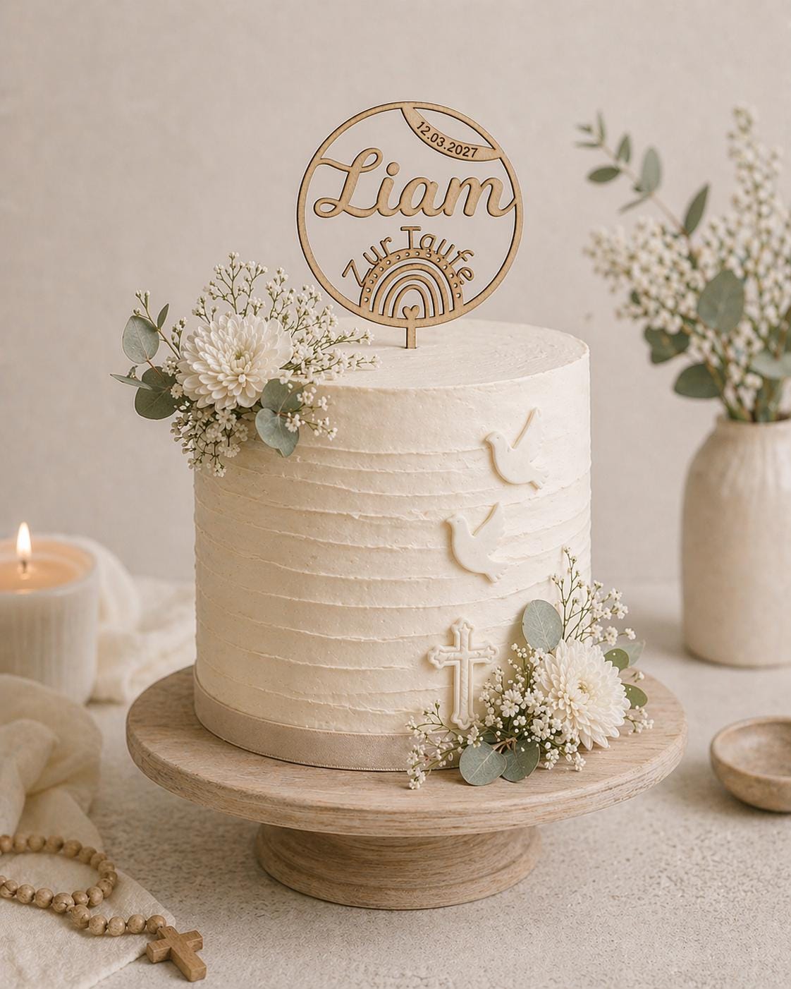 Personalisierter Cake Topper Taufe aus Holz | Tortenstecker Name im Kreis mit Datum | Taufdeko Junge Mädchen | Erinnerung Taufgeschenk